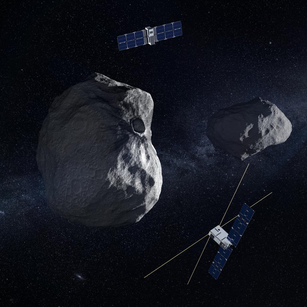 ESA Hera mission spacecraft near the Didymos–Dimorphos asteroid system